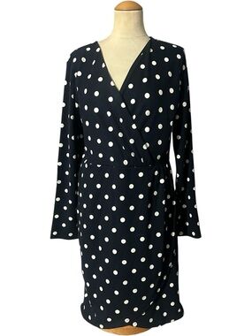 Loft Polka Dot Long Flare Sleeve Faux Wrap Dress NWT Navy White Size 14